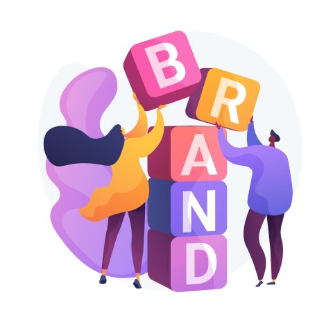 Product brand building. Corporate identity design. Studio designers flat characters teamwork, cooperation and collaboration. Company name. Vector isolated concept metaphor illustration