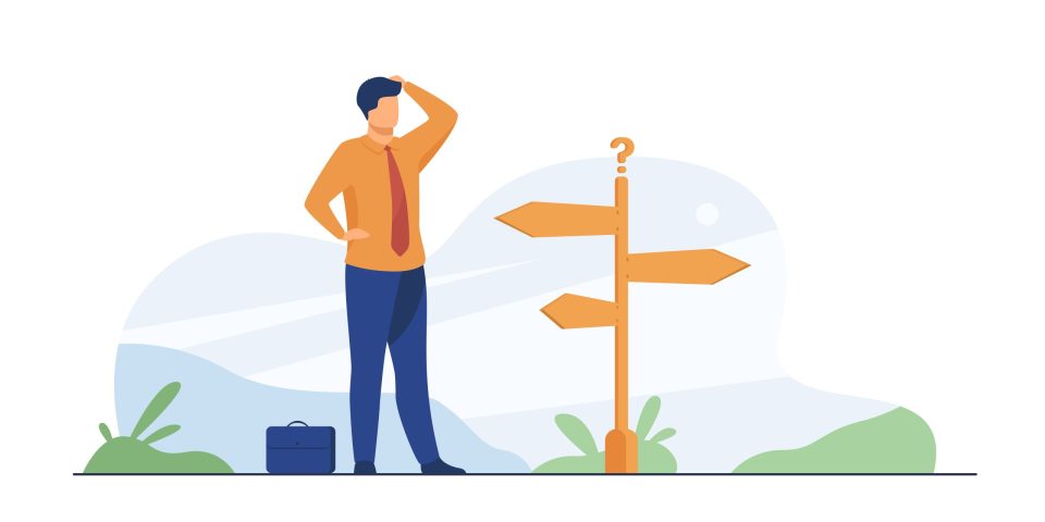 Pensive businessman making decision. Man in office suit standing at road direction signs. Vector illustration for opportunity, solution, idea concept